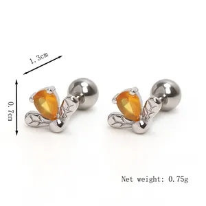 Silver bee stud earrings with orange crystals and secure screw ball back closure