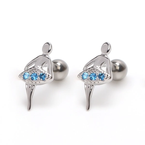 Ballerina stud earrings with blue crystals and threaded ball back in silver finish