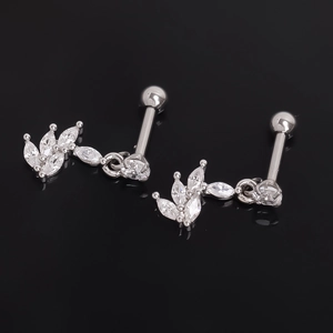 Stainless Steel Flower Leaf Cartilage Stud Earrings For Women Men Silver Color Marquise Rhinestone Piercing Jewelry Ear Bone Nail