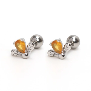Silver flower stud earrings with pear-cut orange crystal and secure screw ball back
