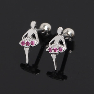 Silver ballerina stud earrings with pink crystal dress and secure screw back closure