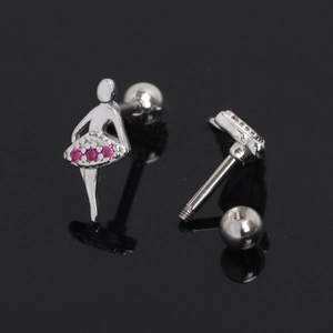 Detail of ballet dancer stud earring with pink rhinestones and screw ball backing