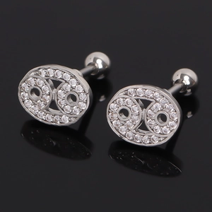 Silver interlocking oval stud earrings with cubic zirconia and screw ball backs
