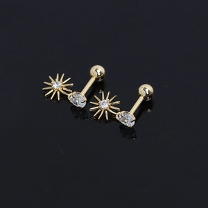 Golden sunburst stud earrings with round cz stone and screw back on black reflective base