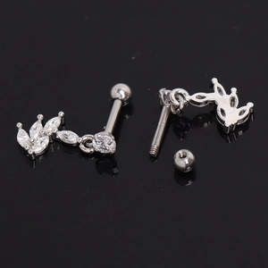 Pair of stainless steel flower cartilage studs with marquise cubic zirconia stones