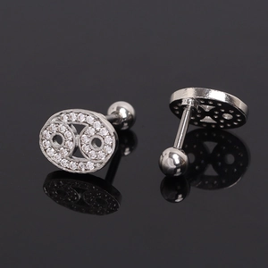 Stainless Steel Cancer Zodiac Stud Earrings With Rhinestone Personalized Screw Ball Back Ear Bone Barbell Jewelry For Women Men