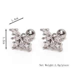 Boucles d'oreilles papillon en acier inoxydable argenté avec zircons, taille 1,4x1,2 cm