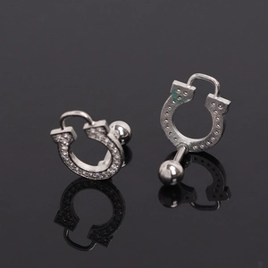 Silver horseshoe earrings with micro-inlaid zircons and ball screw back closure
