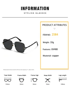 Detailed size chart for oversized square metal sunglasses with UV400 copper frame dimensions