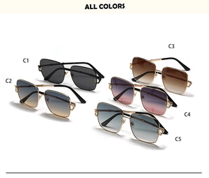 Detail view of oversized square metal sunglasses in five gradient colors and chain temples