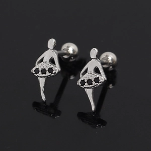 Macro view of ballet dancer stud earrings with black crystals and secure screw back closure