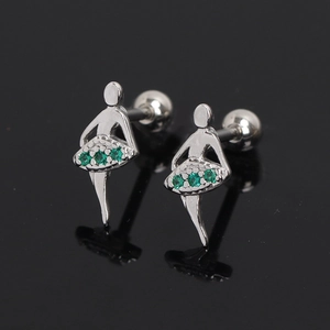 Close-up of ballet dancer stud earring with green crystal inlay and screw back ball
