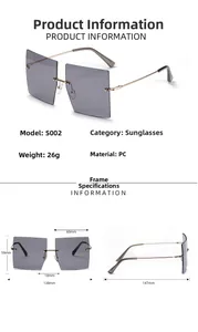 Detailed size chart of rimless oversized square sunglasses with PC frame measurements