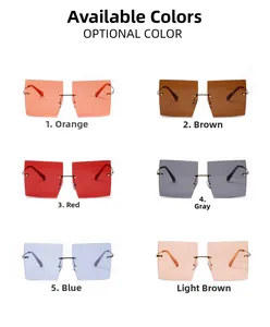 Various colors of rimless square sunglasses with gold metal temples and rivet details