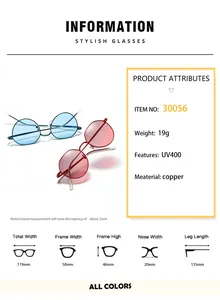 Detailed size chart for small round metal sunglasses showing frame width and UV400 specs