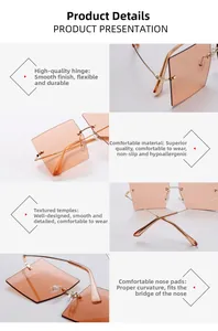 Detail view of gold hinges and comfortable silicone nose pads of square frameless sunglasses