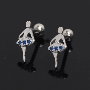 Silver ballerina stud earrings with blue rhinestones and screw back on mirrored background