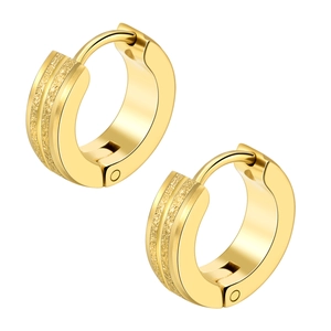 Detail of gold hoop earrings featuring a blend of polished mirror and frosted textures
