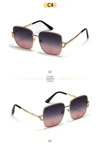 Detail view of square metal sunglasses with purple-pink gradient lenses and textured temples