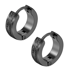 Polished black titanium steel hoop earrings with double frosted glitter bands for women