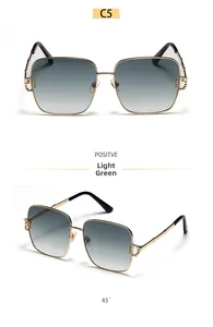 Detail view of square metal oversized sunglasses in light green with gradient lenses