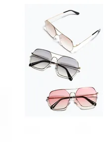 Three pairs of oversized square metal sunglasses in gradient brown, grey, and pink lenses