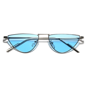 Fashion narrow cat-eye sunglasses with silver metal frame and light blue tinted lenses