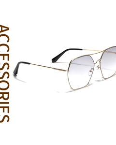 Detail of square gold metal sunglasses with blue gradient lenses and CE mark markings