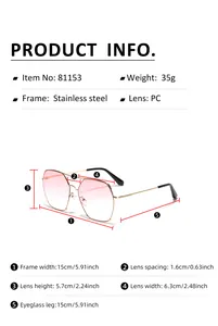 Detailed size chart for square frame sunglasses with stainless steel dimensions