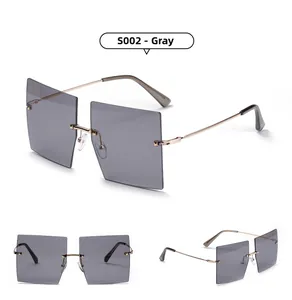 Detailed views of grey rimless square sunglasses with elegant gold metal temples and bridge