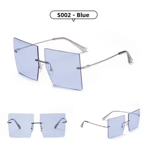 Detail view of S002 rimless square sunglasses with blue lenses and silver metal temples