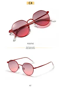 Macro detail of red polygon metal sunglasses frame with grey-red gradient lenses