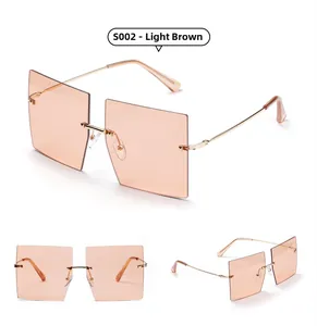 Three-view layout of oversized rimless square sunglasses in light tea color tint