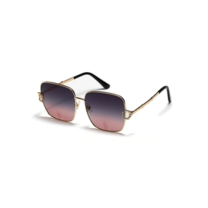 Oversized square metal sunglasses with gold frame and purple gradient lenses