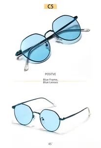 Detail view of blue metal hexagonal sunglasses with blue lenses from two different angles