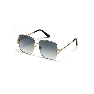 Oversized square metal sunglasses with gold frame and gradient grey blue lenses