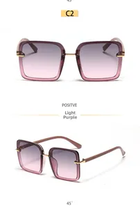 Vues de face et à 45 degrés de lunettes de soleil carrées avec verres dégradés violet clair