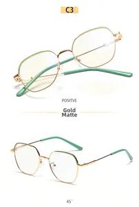 Detailansichten der polygonalen Metallbrille mit Goldrand und hellgrünen Akzenten