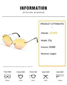 Detailed specs of rimless cat-eye sunglasses with gold metal legs and wave lenses