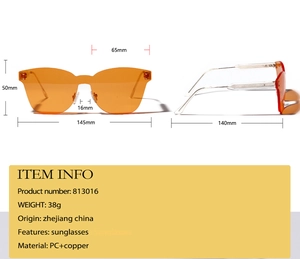 Detailed technical diagram showing 145mm width and dimensions of orange rimless sunglasses