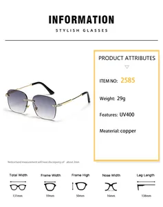 Detailed size chart for rimless square sunglasses showing frame dimensions and UV400 spec
