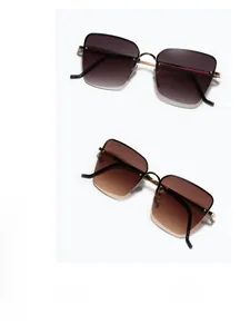 Close-up of semi-rimless square sunglasses with gradient purple and tea brown lenses