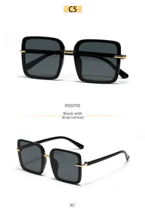 Détails de lunettes de soleil carrées noires avec verres gris et accents dorés