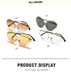 Multiple colors of rimless cat-eye sunglasses with jagged lenses and slim metal temples