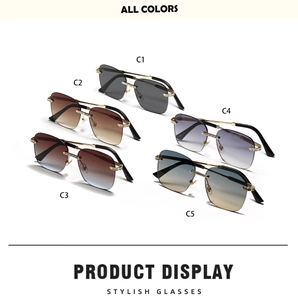Collection of rimless square sunglasses with metallic frames and rhinestone details