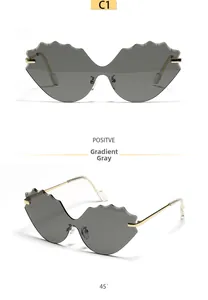 Detail of rimless cat eye sunglasses with wavy edges and gradient grey lenses