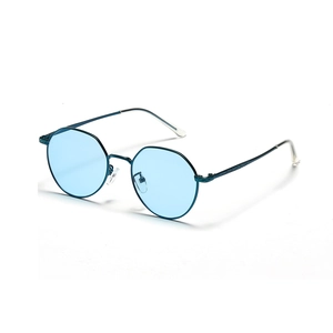 Retro small round metal sunglasses with blue lenses and textured temples on white background