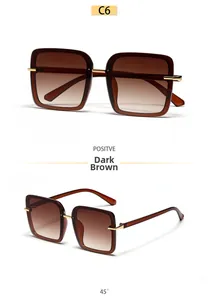Détail macro de lunettes de soleil carrées thé foncé avec accents dorés et verres dégradés
