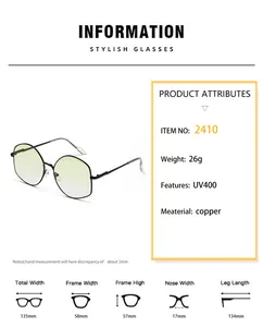 Detailed size chart for polygon oversized sunglasses showing UV400 and copper frame specs