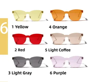 Overview of six colorful rimless sunglasses in yellow, red, gray, orange, brown, and purple